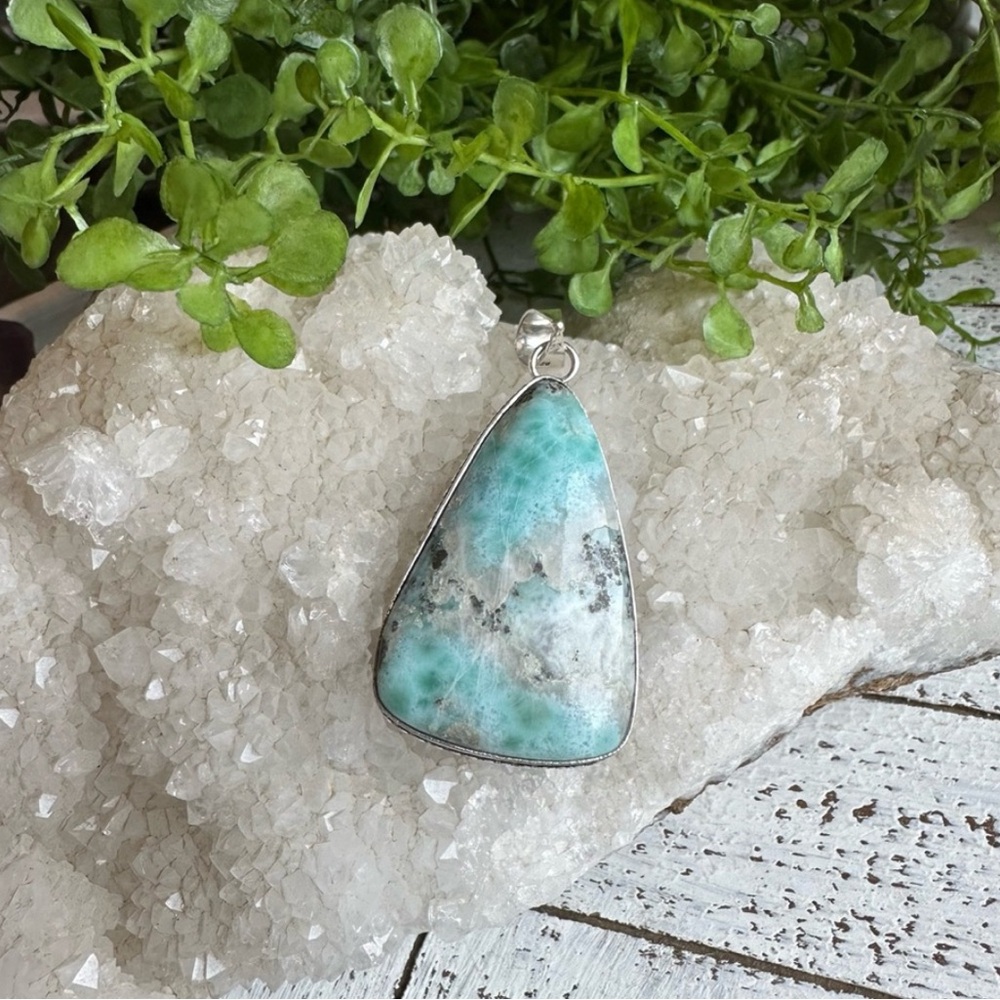 Larimar 925 Sterling Silver Plated Raw Pendant Blue Brown Gray